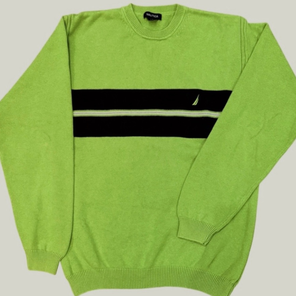 Nautica Green Crewneck 100% Cotton Long Sleeve Heavy Sweater Casual Size Large